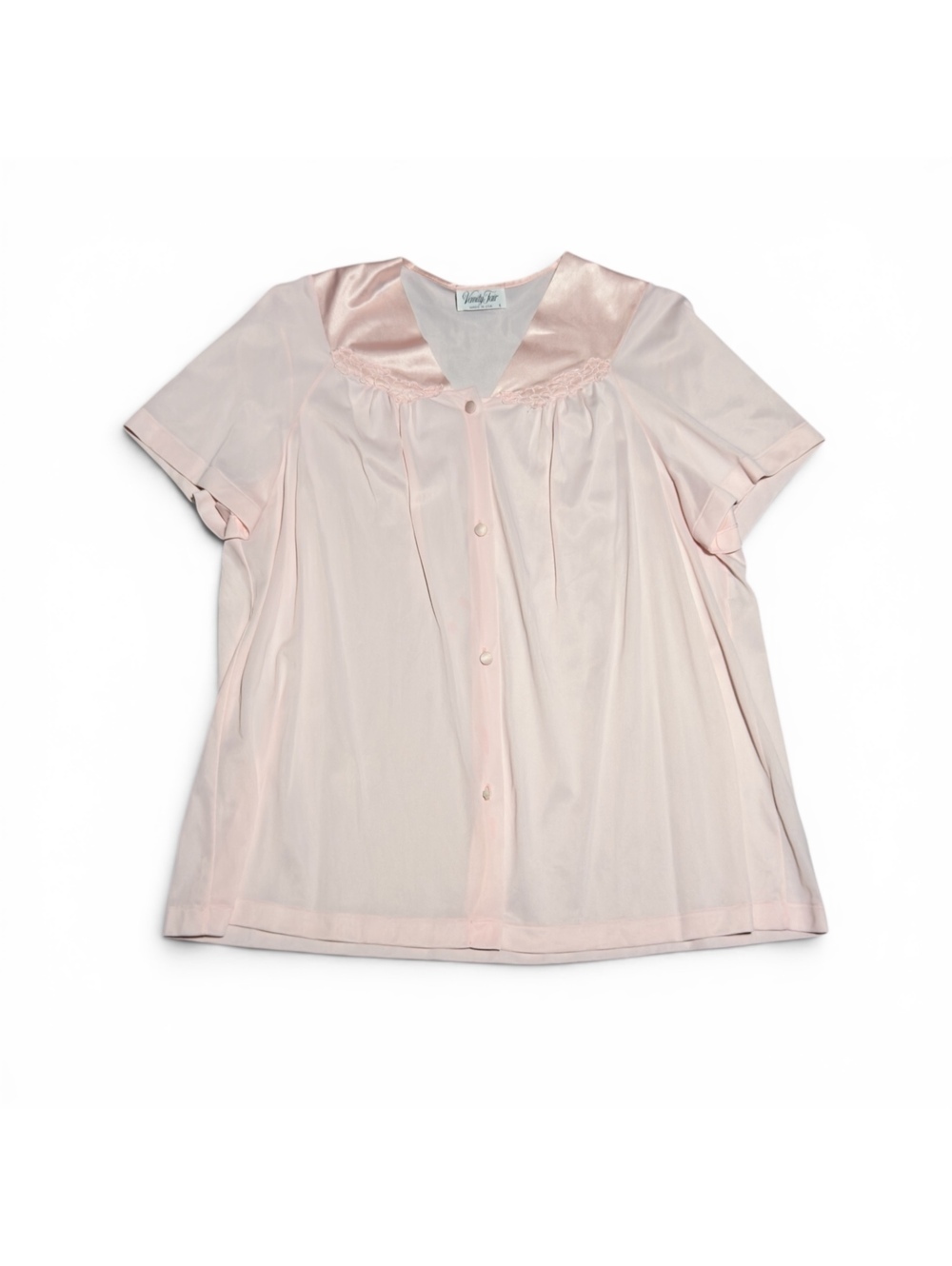 Vintage Vanity Fair Light Pink Nylon Short Sleeve Button Front Blouse Size L